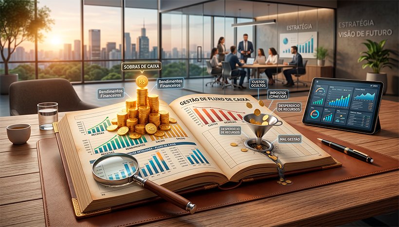 Uma ilustração 3D conceitual e realista sobre a gestão do fluxo de caixa. No centro, um grande e elegante livro-caixa aberto (ou um tablet exibindo gráficos financeiros) repousa sobre uma mesa de escritório de madeira. De um lado das páginas, uma pilha crescente de moedas de ouro brilhantes representa as sobras de caixa e os rendimentos. Do outro lado, um pequeno funil ou ralo sutil suga parte dessas moedas, simbolizando os custos ocultos, impostos (como a CPMF e o IOF) e o desperdício de recursos mal geridos. Uma lupa repousa sobre a tela/página, destacando a importância da análise detalhada. O fundo é um ambiente corporativo levemente desfocado, transmitindo seriedade, estratégia e visão de futuro. Estilo editorial moderno e de alta qualidade. Alta resolução, proporção 16:9 (820x468)