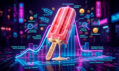 Uma ilustração 3D conceitual e vibrante. No centro, uma deliciosa e superdimensionada "Paleta Mexicana" (picolé recheado, estilo morango com leite condensado) repousa sobre um gráfico financeiro tridimensional. A linha luminosa do gráfico mostra uma subida íngreme (o boom) seguida por uma queda acentuada e estabilização (a saturação e o ajuste do mercado). Ao redor da paleta, pequenos ícones holográficos de etiquetas de preço, lupas e moedas flutuam no ar, simbolizando o "Sistema de Preços" avaliando o produto. O fundo escuro com luzes de neon destaca a exclusividade e a efemeridade do consumo. Estilo hiper-realista, corporativo e criativo. Alta resolução, proporção 16:9 (820x468)