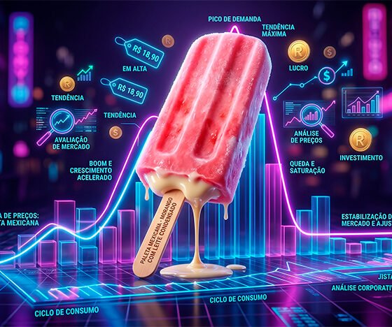 Uma ilustração 3D conceitual e vibrante. No centro, uma deliciosa e superdimensionada "Paleta Mexicana" (picolé recheado, estilo morango com leite condensado) repousa sobre um gráfico financeiro tridimensional. A linha luminosa do gráfico mostra uma subida íngreme (o boom) seguida por uma queda acentuada e estabilização (a saturação e o ajuste do mercado). Ao redor da paleta, pequenos ícones holográficos de etiquetas de preço, lupas e moedas flutuam no ar, simbolizando o "Sistema de Preços" avaliando o produto. O fundo escuro com luzes de neon destaca a exclusividade e a efemeridade do consumo. Estilo hiper-realista, corporativo e criativo. Alta resolução, proporção 16:9 (820x468)