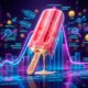 Uma ilustração 3D conceitual e vibrante. No centro, uma deliciosa e superdimensionada "Paleta Mexicana" (picolé recheado, estilo morango com leite condensado) repousa sobre um gráfico financeiro tridimensional. A linha luminosa do gráfico mostra uma subida íngreme (o boom) seguida por uma queda acentuada e estabilização (a saturação e o ajuste do mercado). Ao redor da paleta, pequenos ícones holográficos de etiquetas de preço, lupas e moedas flutuam no ar, simbolizando o "Sistema de Preços" avaliando o produto. O fundo escuro com luzes de neon destaca a exclusividade e a efemeridade do consumo. Estilo hiper-realista, corporativo e criativo. Alta resolução, proporção 16:9 (820x468)