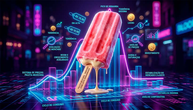 Uma ilustração 3D conceitual e vibrante. No centro, uma deliciosa e superdimensionada "Paleta Mexicana" (picolé recheado, estilo morango com leite condensado) repousa sobre um gráfico financeiro tridimensional. A linha luminosa do gráfico mostra uma subida íngreme (o boom) seguida por uma queda acentuada e estabilização (a saturação e o ajuste do mercado). Ao redor da paleta, pequenos ícones holográficos de etiquetas de preço, lupas e moedas flutuam no ar, simbolizando o "Sistema de Preços" avaliando o produto. O fundo escuro com luzes de neon destaca a exclusividade e a efemeridade do consumo. Estilo hiper-realista, corporativo e criativo. Alta resolução, proporção 16:9 (820x468)