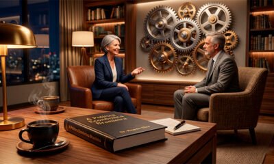 Uma composição 3D realista, elegante e acolhedora, representando um diálogo intelectual sobre economia. Em primeiro plano, uma mesa de centro de madeira nobre com duas xícaras de café fumegantes de cerâmica escura e um exemplar em capa dura do livro "A Política Econômica Brasileira", sutilmente iluminado. Ao fundo, levemente desfocadas, grandes engrenagens metálicas polidas e interligadas giram suavemente de forma perfeitamente sincronizada, simbolizando as "reformas silenciosas" operando nos bastidores da máquina pública. A iluminação do ambiente é quente e focada, transmitindo a sensação de uma conversa acessível, respeitosa e construtiva. Estilo editorial, corporativo e hiper-realista. Alta resolução, proporção 16:9 (820x468).