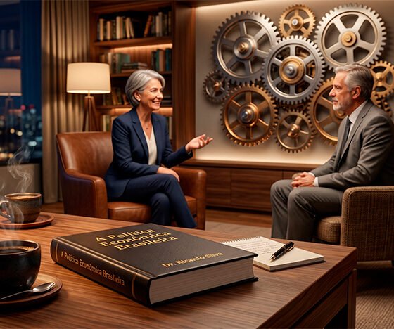 Uma composição 3D realista, elegante e acolhedora, representando um diálogo intelectual sobre economia. Em primeiro plano, uma mesa de centro de madeira nobre com duas xícaras de café fumegantes de cerâmica escura e um exemplar em capa dura do livro "A Política Econômica Brasileira", sutilmente iluminado. Ao fundo, levemente desfocadas, grandes engrenagens metálicas polidas e interligadas giram suavemente de forma perfeitamente sincronizada, simbolizando as "reformas silenciosas" operando nos bastidores da máquina pública. A iluminação do ambiente é quente e focada, transmitindo a sensação de uma conversa acessível, respeitosa e construtiva. Estilo editorial, corporativo e hiper-realista. Alta resolução, proporção 16:9 (820x468).