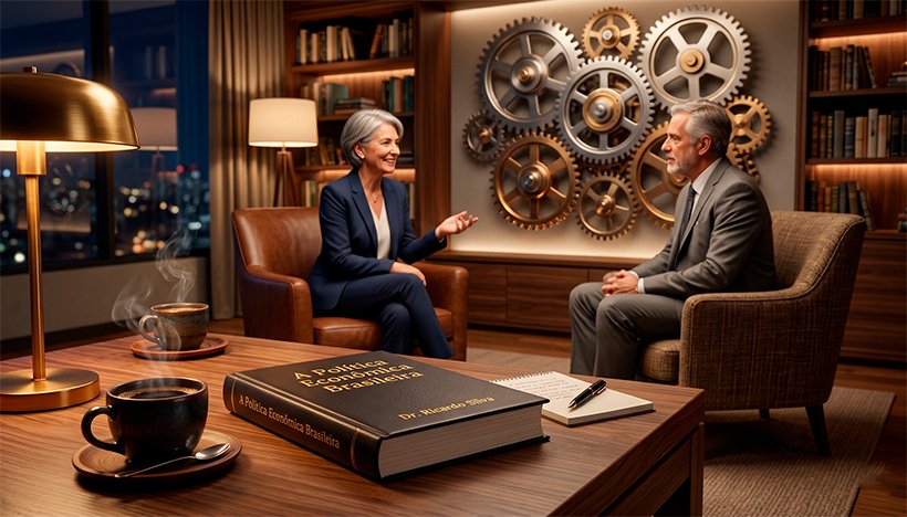 Uma composição 3D realista, elegante e acolhedora, representando um diálogo intelectual sobre economia. Em primeiro plano, uma mesa de centro de madeira nobre com duas xícaras de café fumegantes de cerâmica escura e um exemplar em capa dura do livro "A Política Econômica Brasileira", sutilmente iluminado. Ao fundo, levemente desfocadas, grandes engrenagens metálicas polidas e interligadas giram suavemente de forma perfeitamente sincronizada, simbolizando as "reformas silenciosas" operando nos bastidores da máquina pública. A iluminação do ambiente é quente e focada, transmitindo a sensação de uma conversa acessível, respeitosa e construtiva. Estilo editorial, corporativo e hiper-realista. Alta resolução, proporção 16:9 (820x468).