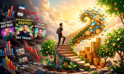 Uma ilustração conceitual em 3D sobre crescimento financeiro consistente e de longo prazo. No centro da imagem, há uma escadaria em espiral feita de moedas de ouro e blocos de pedra que sobem em direção a um horizonte brilhante e dourado. Uma figura humana estilizada, vestindo roupas casuais de trabalho e uma mochila, está subindo os degraus de forma calma e constante. À medida que a figura sobe, a escadaria se transforma em uma bola de neve crescente feita de moedas e notas, simbolizando o efeito dos juros compostos ("bola de neve"). Na base da escada, pequenos brotos de plantas estão crescendo, tornando-se árvores fortes e cheias de moedas no topo, representando o fator tempo e crescimento orgânico. Ao fundo, desfocados, há gráficos de barras complexos e telas de celular quebradas com ícones de influenciadores e promessas de "enriquecimento rápido", que são deixados para trás pela figura que sobe a escada constante. A iluminação é quente, suave e inspiradora, com tons de dourado, verde e azul. O estilo é de arte digital moderna, limpa e profissional. Alta resolução, proporção 16:9.