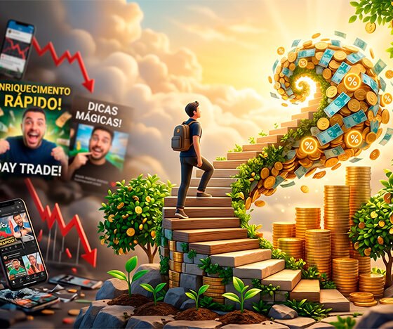 Uma ilustração conceitual em 3D sobre crescimento financeiro consistente e de longo prazo. No centro da imagem, há uma escadaria em espiral feita de moedas de ouro e blocos de pedra que sobem em direção a um horizonte brilhante e dourado. Uma figura humana estilizada, vestindo roupas casuais de trabalho e uma mochila, está subindo os degraus de forma calma e constante. À medida que a figura sobe, a escadaria se transforma em uma bola de neve crescente feita de moedas e notas, simbolizando o efeito dos juros compostos ("bola de neve"). Na base da escada, pequenos brotos de plantas estão crescendo, tornando-se árvores fortes e cheias de moedas no topo, representando o fator tempo e crescimento orgânico. Ao fundo, desfocados, há gráficos de barras complexos e telas de celular quebradas com ícones de influenciadores e promessas de "enriquecimento rápido", que são deixados para trás pela figura que sobe a escada constante. A iluminação é quente, suave e inspiradora, com tons de dourado, verde e azul. O estilo é de arte digital moderna, limpa e profissional. Alta resolução, proporção 16:9.