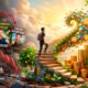 Uma ilustração conceitual em 3D sobre crescimento financeiro consistente e de longo prazo. No centro da imagem, há uma escadaria em espiral feita de moedas de ouro e blocos de pedra que sobem em direção a um horizonte brilhante e dourado. Uma figura humana estilizada, vestindo roupas casuais de trabalho e uma mochila, está subindo os degraus de forma calma e constante. À medida que a figura sobe, a escadaria se transforma em uma bola de neve crescente feita de moedas e notas, simbolizando o efeito dos juros compostos ("bola de neve"). Na base da escada, pequenos brotos de plantas estão crescendo, tornando-se árvores fortes e cheias de moedas no topo, representando o fator tempo e crescimento orgânico. Ao fundo, desfocados, há gráficos de barras complexos e telas de celular quebradas com ícones de influenciadores e promessas de "enriquecimento rápido", que são deixados para trás pela figura que sobe a escada constante. A iluminação é quente, suave e inspiradora, com tons de dourado, verde e azul. O estilo é de arte digital moderna, limpa e profissional. Alta resolução, proporção 16:9.