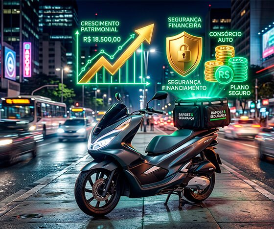 Uma ilustração 3D dinâmica e hiper-realista unindo o mercado de delivery e o planejamento financeiro. Em primeiro plano, uma motocicleta moderna de entregas estacionada, com o farol aceso e uma bag (caixa de entrega) iluminada nas costas. Acima da moto, flutuam ícones holográficos brilhantes em tons de verde neon e dourado: um gráfico com uma seta fortemente ascendente, um escudo de proteção e moedas empilhadas, simbolizando o crescimento do consórcio e a segurança do autofinanciamento. Ao fundo, o cenário noturno de uma grande metrópole com rastros de luz contínuos (motion blur) de outros veículos, transmitindo a velocidade do setor e o trabalho contínuo dos entregadores. Estilo editorial moderno, tecnológico e vibrante. Alta resolução, proporção 16:9 (820x468).