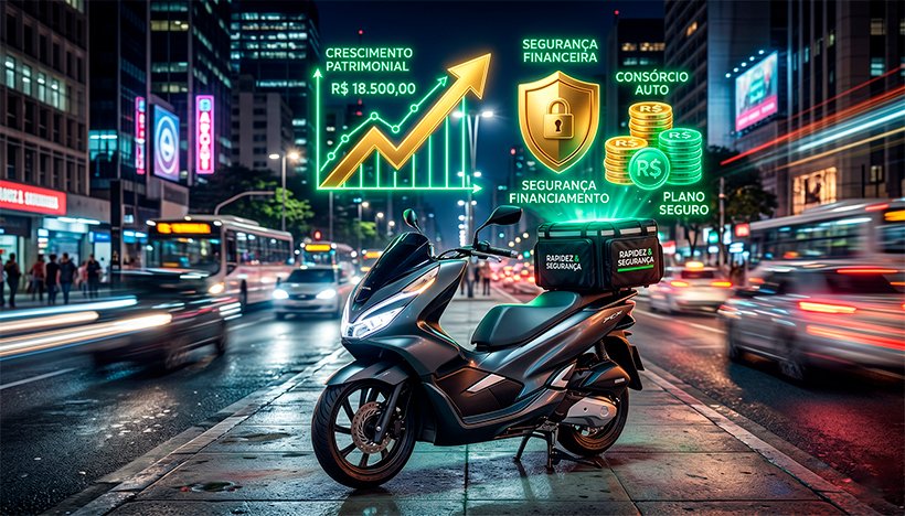 Uma ilustração 3D dinâmica e hiper-realista unindo o mercado de delivery e o planejamento financeiro. Em primeiro plano, uma motocicleta moderna de entregas estacionada, com o farol aceso e uma bag (caixa de entrega) iluminada nas costas. Acima da moto, flutuam ícones holográficos brilhantes em tons de verde neon e dourado: um gráfico com uma seta fortemente ascendente, um escudo de proteção e moedas empilhadas, simbolizando o crescimento do consórcio e a segurança do autofinanciamento. Ao fundo, o cenário noturno de uma grande metrópole com rastros de luz contínuos (motion blur) de outros veículos, transmitindo a velocidade do setor e o trabalho contínuo dos entregadores. Estilo editorial moderno, tecnológico e vibrante. Alta resolução, proporção 16:9 (820x468).