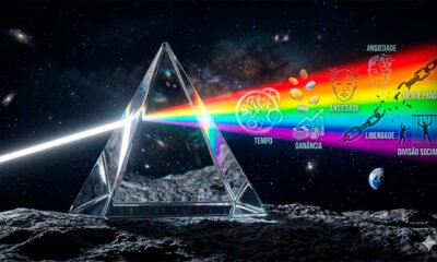 Uma ilustração 3D conceitual e hiper-realista que homenageia o legado musical e a vida moderna. No centro, o icônico prisma triangular de vidro repousa sobre uma superfície texturizada, refratando um feixe de luz branca em um arco-íris brilhante e vibrante. Dentro do feixe de luz disperso, pequenas silhuetas e ícones holográficos flutuam sutilmente, representando a vida contemporânea: engrenagens de relógio (tempo), moedas flutuantes (ganância), rostos abstratos (ansiedade e mente frágil) e correntes se quebrando (liberdade e divisão social). O fundo é um espaço sideral profundo e escuro, contrastando com o brilho neon do prisma, transmitindo uma sensação de atemporalidade, introspecção e genialidade. Estilo de arte cinemático, nostálgico e profundo. Alta resolução, proporção 16:9 (820x468).