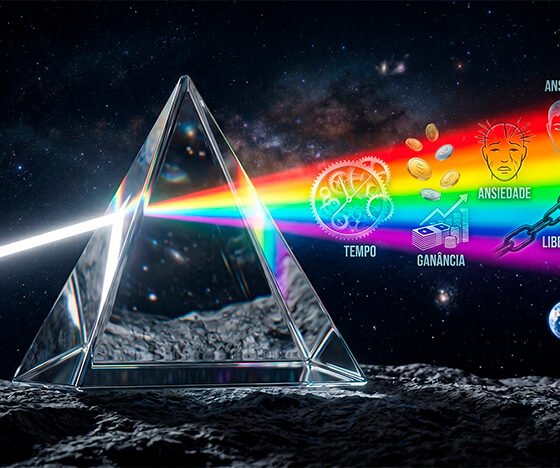 Uma ilustração 3D conceitual e hiper-realista que homenageia o legado musical e a vida moderna. No centro, o icônico prisma triangular de vidro repousa sobre uma superfície texturizada, refratando um feixe de luz branca em um arco-íris brilhante e vibrante. Dentro do feixe de luz disperso, pequenas silhuetas e ícones holográficos flutuam sutilmente, representando a vida contemporânea: engrenagens de relógio (tempo), moedas flutuantes (ganância), rostos abstratos (ansiedade e mente frágil) e correntes se quebrando (liberdade e divisão social). O fundo é um espaço sideral profundo e escuro, contrastando com o brilho neon do prisma, transmitindo uma sensação de atemporalidade, introspecção e genialidade. Estilo de arte cinemático, nostálgico e profundo. Alta resolução, proporção 16:9 (820x468).