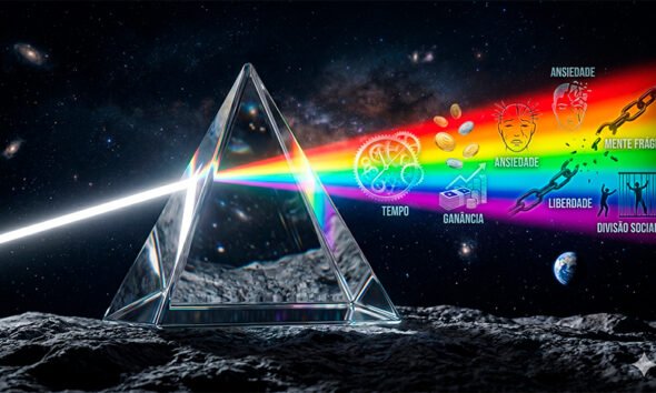 Uma ilustração 3D conceitual e hiper-realista que homenageia o legado musical e a vida moderna. No centro, o icônico prisma triangular de vidro repousa sobre uma superfície texturizada, refratando um feixe de luz branca em um arco-íris brilhante e vibrante. Dentro do feixe de luz disperso, pequenas silhuetas e ícones holográficos flutuam sutilmente, representando a vida contemporânea: engrenagens de relógio (tempo), moedas flutuantes (ganância), rostos abstratos (ansiedade e mente frágil) e correntes se quebrando (liberdade e divisão social). O fundo é um espaço sideral profundo e escuro, contrastando com o brilho neon do prisma, transmitindo uma sensação de atemporalidade, introspecção e genialidade. Estilo de arte cinemático, nostálgico e profundo. Alta resolução, proporção 16:9 (820x468).