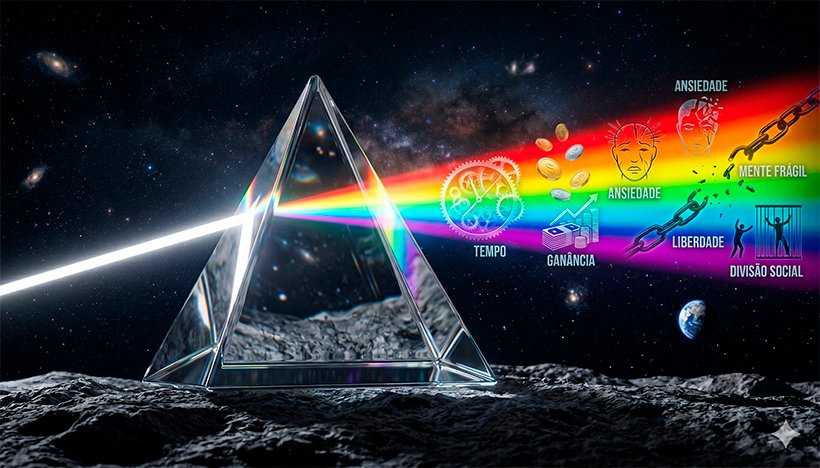 Uma ilustração 3D conceitual e hiper-realista que homenageia o legado musical e a vida moderna. No centro, o icônico prisma triangular de vidro repousa sobre uma superfície texturizada, refratando um feixe de luz branca em um arco-íris brilhante e vibrante. Dentro do feixe de luz disperso, pequenas silhuetas e ícones holográficos flutuam sutilmente, representando a vida contemporânea: engrenagens de relógio (tempo), moedas flutuantes (ganância), rostos abstratos (ansiedade e mente frágil) e correntes se quebrando (liberdade e divisão social). O fundo é um espaço sideral profundo e escuro, contrastando com o brilho neon do prisma, transmitindo uma sensação de atemporalidade, introspecção e genialidade. Estilo de arte cinemático, nostálgico e profundo. Alta resolução, proporção 16:9 (820x468).