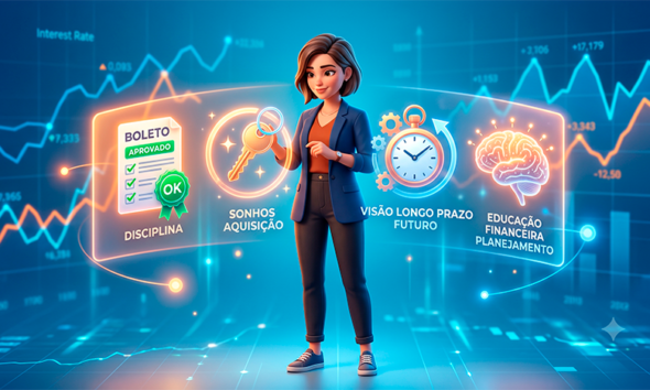 Uma ilustração 3D conceitual, moderna e humanizada sobre a tomada de decisão financeira. No centro, uma figura humana estilizada (representando o consumidor) observa um leque de ícones holográficos brilhantes que flutuam à sua frente, simbolizando suas variadas motivações: um boleto com um selo de aprovação (disciplina), a chave de uma casa brilhante (sonhos), um relógio de bolso moderno (visão de longo prazo) e um cérebro iluminado (educação financeira). No fundo, gráficos de linha tradicionais (representando as taxas de juros) aparecem de forma secundária e levemente desfocada, mostrando que o lado humano e os desejos pessoais se sobrepõem à frieza dos números. A paleta de cores mistura tons quentes de laranja e dourado (emoção, sonhos) com azuis corporativos (segurança, finanças). Estilo de arte digital editorial, limpo e empático. Alta resolução, proporção 16:9 (820x468)