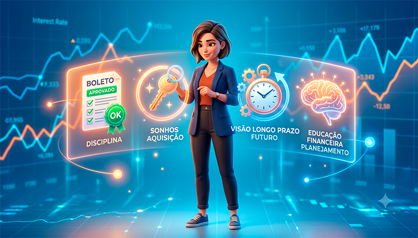 Uma ilustração 3D conceitual, moderna e humanizada sobre a tomada de decisão financeira. No centro, uma figura humana estilizada (representando o consumidor) observa um leque de ícones holográficos brilhantes que flutuam à sua frente, simbolizando suas variadas motivações: um boleto com um selo de aprovação (disciplina), a chave de uma casa brilhante (sonhos), um relógio de bolso moderno (visão de longo prazo) e um cérebro iluminado (educação financeira). No fundo, gráficos de linha tradicionais (representando as taxas de juros) aparecem de forma secundária e levemente desfocada, mostrando que o lado humano e os desejos pessoais se sobrepõem à frieza dos números. A paleta de cores mistura tons quentes de laranja e dourado (emoção, sonhos) com azuis corporativos (segurança, finanças). Estilo de arte digital editorial, limpo e empático. Alta resolução, proporção 16:9 (820x468)