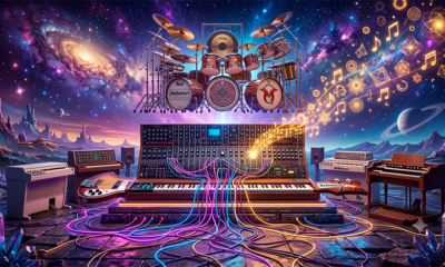 Uma ilustração 3D surrealista, conceitual e rica em detalhes que homenageia a era de ouro do rock progressivo. No centro da cena, instrumentos musicais clássicos e modernos se fundem de forma artística: os braços de uma guitarra contrabaixo se transformam em teclas de um imenso sintetizador analógico, cujos cabos e fios de patch de neon brilhante serpenteiam pelo chão. Ao fundo, uma bateria gigantesca e complexa flutua sob um céu estrelado que remete a capas de álbuns clássicos de ficção científica e fantasia. Da lousa do sintetizador, saem notas musicais douradas e formas geométricas abstratas flutuando no ar, simbolizando a fusão do jazz e da música clássica. A iluminação é dramática, com tons de roxo, azul cósmico e dourado. Estilo de arte conceitual, nostálgico e de alta fidelidade visual. Alta resolução, proporção 16:9 (820x468).