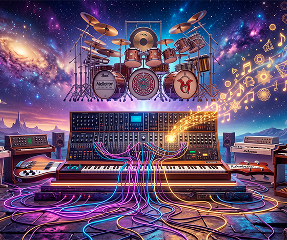 Uma ilustração 3D surrealista, conceitual e rica em detalhes que homenageia a era de ouro do rock progressivo. No centro da cena, instrumentos musicais clássicos e modernos se fundem de forma artística: os braços de uma guitarra contrabaixo se transformam em teclas de um imenso sintetizador analógico, cujos cabos e fios de patch de neon brilhante serpenteiam pelo chão. Ao fundo, uma bateria gigantesca e complexa flutua sob um céu estrelado que remete a capas de álbuns clássicos de ficção científica e fantasia. Da lousa do sintetizador, saem notas musicais douradas e formas geométricas abstratas flutuando no ar, simbolizando a fusão do jazz e da música clássica. A iluminação é dramática, com tons de roxo, azul cósmico e dourado. Estilo de arte conceitual, nostálgico e de alta fidelidade visual. Alta resolução, proporção 16:9 (820x468).