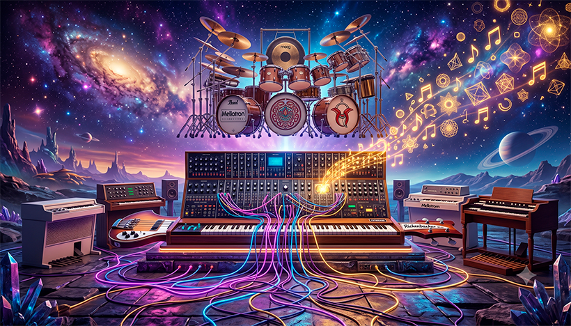 Uma ilustração 3D surrealista, conceitual e rica em detalhes que homenageia a era de ouro do rock progressivo. No centro da cena, instrumentos musicais clássicos e modernos se fundem de forma artística: os braços de uma guitarra contrabaixo se transformam em teclas de um imenso sintetizador analógico, cujos cabos e fios de patch de neon brilhante serpenteiam pelo chão. Ao fundo, uma bateria gigantesca e complexa flutua sob um céu estrelado que remete a capas de álbuns clássicos de ficção científica e fantasia. Da lousa do sintetizador, saem notas musicais douradas e formas geométricas abstratas flutuando no ar, simbolizando a fusão do jazz e da música clássica. A iluminação é dramática, com tons de roxo, azul cósmico e dourado. Estilo de arte conceitual, nostálgico e de alta fidelidade visual. Alta resolução, proporção 16:9 (820x468).