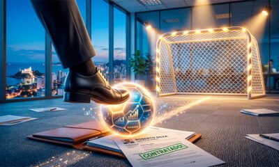 Uma ilustração 3D conceitual e inspiradora que une o ambiente corporativo ao futebol. Em primeiro plano, um sapato social elegante (masculino ou feminino) prestes a chutar uma bola de futebol luminosa que repousa sobre uma pasta de trabalho ou um currículo no chão. Ao fundo, levemente desfocada, a silhueta de uma rede de gol iluminada por luzes quentes e direcionais, simbolizando o "gol" da contratação e a vitória na carreira. A atmosfera é dinâmica, otimista e focada, mesclando tons de azul corporativo com o dourado do sucesso. Estilo hiper-realista, criativo e motivacional. Alta resolução, proporção 16:9 (820x468).