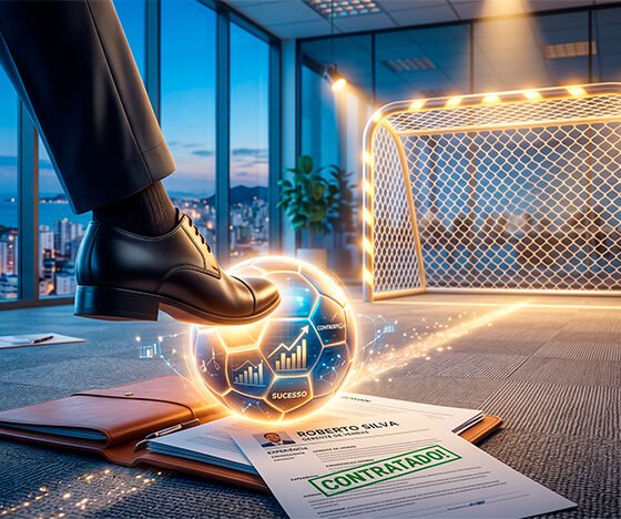 Uma ilustração 3D conceitual e inspiradora que une o ambiente corporativo ao futebol. Em primeiro plano, um sapato social elegante (masculino ou feminino) prestes a chutar uma bola de futebol luminosa que repousa sobre uma pasta de trabalho ou um currículo no chão. Ao fundo, levemente desfocada, a silhueta de uma rede de gol iluminada por luzes quentes e direcionais, simbolizando o "gol" da contratação e a vitória na carreira. A atmosfera é dinâmica, otimista e focada, mesclando tons de azul corporativo com o dourado do sucesso. Estilo hiper-realista, criativo e motivacional. Alta resolução, proporção 16:9 (820x468).