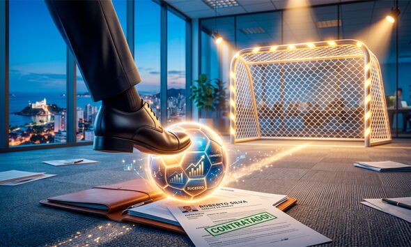 Uma ilustração 3D conceitual e inspiradora que une o ambiente corporativo ao futebol. Em primeiro plano, um sapato social elegante (masculino ou feminino) prestes a chutar uma bola de futebol luminosa que repousa sobre uma pasta de trabalho ou um currículo no chão. Ao fundo, levemente desfocada, a silhueta de uma rede de gol iluminada por luzes quentes e direcionais, simbolizando o "gol" da contratação e a vitória na carreira. A atmosfera é dinâmica, otimista e focada, mesclando tons de azul corporativo com o dourado do sucesso. Estilo hiper-realista, criativo e motivacional. Alta resolução, proporção 16:9 (820x468).