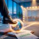 Uma ilustração 3D conceitual e inspiradora que une o ambiente corporativo ao futebol. Em primeiro plano, um sapato social elegante (masculino ou feminino) prestes a chutar uma bola de futebol luminosa que repousa sobre uma pasta de trabalho ou um currículo no chão. Ao fundo, levemente desfocada, a silhueta de uma rede de gol iluminada por luzes quentes e direcionais, simbolizando o "gol" da contratação e a vitória na carreira. A atmosfera é dinâmica, otimista e focada, mesclando tons de azul corporativo com o dourado do sucesso. Estilo hiper-realista, criativo e motivacional. Alta resolução, proporção 16:9 (820x468).