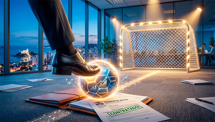 Uma ilustração 3D conceitual e inspiradora que une o ambiente corporativo ao futebol. Em primeiro plano, um sapato social elegante (masculino ou feminino) prestes a chutar uma bola de futebol luminosa que repousa sobre uma pasta de trabalho ou um currículo no chão. Ao fundo, levemente desfocada, a silhueta de uma rede de gol iluminada por luzes quentes e direcionais, simbolizando o "gol" da contratação e a vitória na carreira. A atmosfera é dinâmica, otimista e focada, mesclando tons de azul corporativo com o dourado do sucesso. Estilo hiper-realista, criativo e motivacional. Alta resolução, proporção 16:9 (820x468).