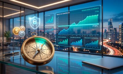 Uma ilustração 3D conceitual e corporativa sobre análise de mercado e expectativas econômicas. Em primeiro plano, uma bússola clássica e elegante repousa sobre uma mesa de escritório de vidro, apontando o caminho com precisão. Ao fundo, telas translúcidas exibem gráficos financeiros e painéis de dados em tons de azul e verde, com uma linha de tendência estabilizando firmemente em território positivo, acima de uma marca divisória brilhante. Ícones holográficos sutis de moedas e um escudo de proteção flutuam suavemente, simbolizando segurança, prudência e planejamento estratégico no setor de consórcios. A iluminação é moderna e profissional, transmitindo seriedade e visão de futuro. Alta resolução, proporção 16:9 (820x468)