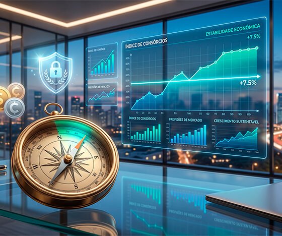 Uma ilustração 3D conceitual e corporativa sobre análise de mercado e expectativas econômicas. Em primeiro plano, uma bússola clássica e elegante repousa sobre uma mesa de escritório de vidro, apontando o caminho com precisão. Ao fundo, telas translúcidas exibem gráficos financeiros e painéis de dados em tons de azul e verde, com uma linha de tendência estabilizando firmemente em território positivo, acima de uma marca divisória brilhante. Ícones holográficos sutis de moedas e um escudo de proteção flutuam suavemente, simbolizando segurança, prudência e planejamento estratégico no setor de consórcios. A iluminação é moderna e profissional, transmitindo seriedade e visão de futuro. Alta resolução, proporção 16:9 (820x468)