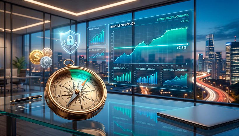 Uma ilustração 3D conceitual e corporativa sobre análise de mercado e expectativas econômicas. Em primeiro plano, uma bússola clássica e elegante repousa sobre uma mesa de escritório de vidro, apontando o caminho com precisão. Ao fundo, telas translúcidas exibem gráficos financeiros e painéis de dados em tons de azul e verde, com uma linha de tendência estabilizando firmemente em território positivo, acima de uma marca divisória brilhante. Ícones holográficos sutis de moedas e um escudo de proteção flutuam suavemente, simbolizando segurança, prudência e planejamento estratégico no setor de consórcios. A iluminação é moderna e profissional, transmitindo seriedade e visão de futuro. Alta resolução, proporção 16:9 (820x468)