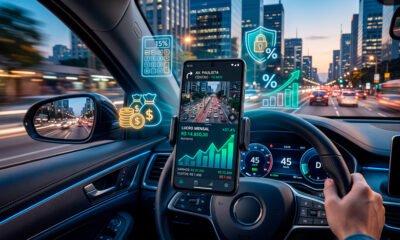 gere a imagem: Uma ilustração 3D conceitual e moderna voltada para o planejamento financeiro e mobilidade. Em primeiro plano, o volante de um carro moderno com um smartphone acoplado exibindo um mapa de aplicativo de transporte e um gráfico financeiro em tom verde ascendente, representando o aumento do lucro. Ao redor do celular, flutuam ícones holográficos sutis: moedas de ouro, uma calculadora, um escudo e o símbolo de porcentagem (redução de juros e custos). O fundo mostra uma metrópole iluminada ao entardecer com leve desfoque de movimento nas luzes da rua, transmitindo a dinâmica do trabalho e a visão de longo prazo. Estilo hiper-realista, corporativo e inspirador. Alta resolução, proporção 16:9 (820x468)