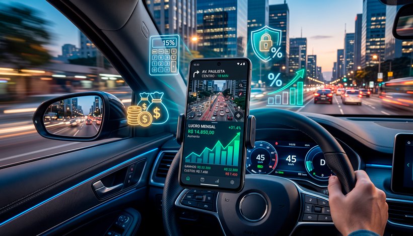 gere a imagem: Uma ilustração 3D conceitual e moderna voltada para o planejamento financeiro e mobilidade. Em primeiro plano, o volante de um carro moderno com um smartphone acoplado exibindo um mapa de aplicativo de transporte e um gráfico financeiro em tom verde ascendente, representando o aumento do lucro. Ao redor do celular, flutuam ícones holográficos sutis: moedas de ouro, uma calculadora, um escudo e o símbolo de porcentagem (redução de juros e custos). O fundo mostra uma metrópole iluminada ao entardecer com leve desfoque de movimento nas luzes da rua, transmitindo a dinâmica do trabalho e a visão de longo prazo. Estilo hiper-realista, corporativo e inspirador. Alta resolução, proporção 16:9 (820x468)