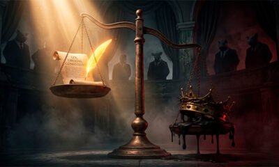 Uma ilustração 3D conceitual, dramática e reflexiva sobre política e poder. No centro, uma balança clássica e imponente que pende perigosamente para um dos lados. Em um dos pratos da balança, há uma pesada coroa dourada de onde escorrem sombras densas (representando o poder absoluto e a tirania); no outro prato, muito mais leve e banhado por um feixe de luz celestial quente, repousa um pergaminho aberto com uma pena brilhante (simbolizando a constituição, as leis e a liberdade inegociável). Ao fundo, levemente mergulhadas nas sombras, silhuetas imponentes e nebulosas de figuras engravatadas (com uma sutil e elegante alusão aos porcos de Orwell) observam a cena. A atmosfera é cinematográfica, com contrastes fortes entre claro e escuro (chiaroscuro), utilizando tons de cinza chumbo, vermelho escuro e dourado iluminado. Estilo editorial político de alta resolução. Proporção 16:9 (820x468)
