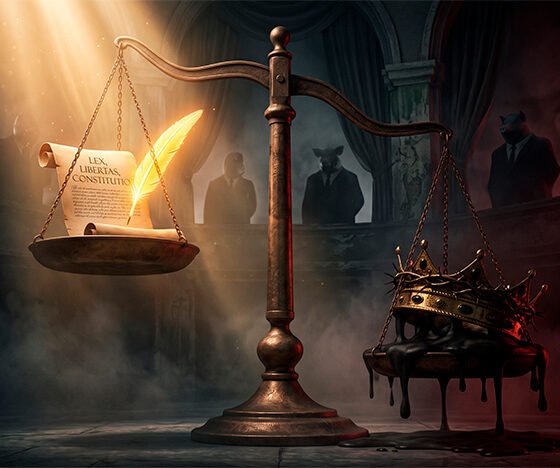 Uma ilustração 3D conceitual, dramática e reflexiva sobre política e poder. No centro, uma balança clássica e imponente que pende perigosamente para um dos lados. Em um dos pratos da balança, há uma pesada coroa dourada de onde escorrem sombras densas (representando o poder absoluto e a tirania); no outro prato, muito mais leve e banhado por um feixe de luz celestial quente, repousa um pergaminho aberto com uma pena brilhante (simbolizando a constituição, as leis e a liberdade inegociável). Ao fundo, levemente mergulhadas nas sombras, silhuetas imponentes e nebulosas de figuras engravatadas (com uma sutil e elegante alusão aos porcos de Orwell) observam a cena. A atmosfera é cinematográfica, com contrastes fortes entre claro e escuro (chiaroscuro), utilizando tons de cinza chumbo, vermelho escuro e dourado iluminado. Estilo editorial político de alta resolução. Proporção 16:9 (820x468)