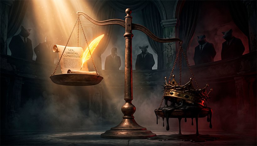 Uma ilustração 3D conceitual, dramática e reflexiva sobre política e poder. No centro, uma balança clássica e imponente que pende perigosamente para um dos lados. Em um dos pratos da balança, há uma pesada coroa dourada de onde escorrem sombras densas (representando o poder absoluto e a tirania); no outro prato, muito mais leve e banhado por um feixe de luz celestial quente, repousa um pergaminho aberto com uma pena brilhante (simbolizando a constituição, as leis e a liberdade inegociável). Ao fundo, levemente mergulhadas nas sombras, silhuetas imponentes e nebulosas de figuras engravatadas (com uma sutil e elegante alusão aos porcos de Orwell) observam a cena. A atmosfera é cinematográfica, com contrastes fortes entre claro e escuro (chiaroscuro), utilizando tons de cinza chumbo, vermelho escuro e dourado iluminado. Estilo editorial político de alta resolução. Proporção 16:9 (820x468)