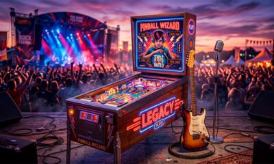 Uma ilustração 3D vibrante, nostálgica e cheia de atitude celebrando o legado do rock clássico. No centro da cena, uma máquina de pinball vintage ricamente detalhada e iluminada com intensas luzes neon (fazendo uma clara referência ao clássico "Pinball Wizard"). Encostada na máquina ou logo à frente, uma guitarra elétrica clássica e um pedestal com microfone retrô. O ambiente ao redor é banhado por luzes de palco dramáticas em tons de azul, vermelho e roxo. Ao fundo, uma atmosfera levemente desfocada de um festival ao ar livre ao entardecer, transmitindo a energia inesgotável e a emoção dos shows de rock. Estilo hiper-realista, cinematográfico e artístico. Alta resolução, proporção 16:9 (820x468)