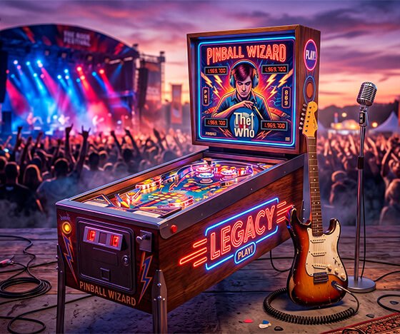 Uma ilustração 3D vibrante, nostálgica e cheia de atitude celebrando o legado do rock clássico. No centro da cena, uma máquina de pinball vintage ricamente detalhada e iluminada com intensas luzes neon (fazendo uma clara referência ao clássico "Pinball Wizard"). Encostada na máquina ou logo à frente, uma guitarra elétrica clássica e um pedestal com microfone retrô. O ambiente ao redor é banhado por luzes de palco dramáticas em tons de azul, vermelho e roxo. Ao fundo, uma atmosfera levemente desfocada de um festival ao ar livre ao entardecer, transmitindo a energia inesgotável e a emoção dos shows de rock. Estilo hiper-realista, cinematográfico e artístico. Alta resolução, proporção 16:9 (820x468)
