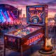 Uma ilustração 3D vibrante, nostálgica e cheia de atitude celebrando o legado do rock clássico. No centro da cena, uma máquina de pinball vintage ricamente detalhada e iluminada com intensas luzes neon (fazendo uma clara referência ao clássico "Pinball Wizard"). Encostada na máquina ou logo à frente, uma guitarra elétrica clássica e um pedestal com microfone retrô. O ambiente ao redor é banhado por luzes de palco dramáticas em tons de azul, vermelho e roxo. Ao fundo, uma atmosfera levemente desfocada de um festival ao ar livre ao entardecer, transmitindo a energia inesgotável e a emoção dos shows de rock. Estilo hiper-realista, cinematográfico e artístico. Alta resolução, proporção 16:9 (820x468)