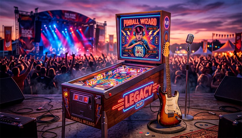Uma ilustração 3D vibrante, nostálgica e cheia de atitude celebrando o legado do rock clássico. No centro da cena, uma máquina de pinball vintage ricamente detalhada e iluminada com intensas luzes neon (fazendo uma clara referência ao clássico "Pinball Wizard"). Encostada na máquina ou logo à frente, uma guitarra elétrica clássica e um pedestal com microfone retrô. O ambiente ao redor é banhado por luzes de palco dramáticas em tons de azul, vermelho e roxo. Ao fundo, uma atmosfera levemente desfocada de um festival ao ar livre ao entardecer, transmitindo a energia inesgotável e a emoção dos shows de rock. Estilo hiper-realista, cinematográfico e artístico. Alta resolução, proporção 16:9 (820x468)