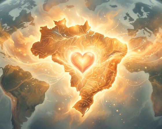 Ilustração artística conceitual e etérea do mapa do Brasil iluminado por uma luz quente e dourada. No centro do mapa, há um coração suavemente brilhante irradiando uma energia pacífica e acolhedora para o restante do globo. O ambiente transmite esperança, resiliência e espiritualidade profunda, simbolizando a vocação do país para a superação de crises e o espalhamento do bem. Sem textos na imagem, focando apenas na força do simbolismo visual.