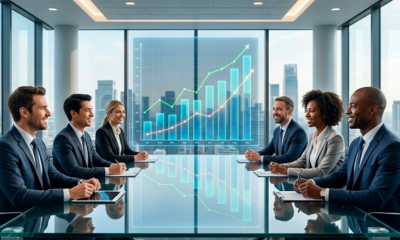 Fotografia profissional de um ambiente corporativo moderno e bem iluminado. Sobre uma mesa de vidro no centro da imagem, projeta-se um gráfico holográfico de linha com tendência ascendente, em tons elegantes de azul e dourado. Ao fundo, levemente desfocadas, silhuetas de executivos analisando projeções de mercado. A composição visual transmite solidez, confiança, resiliência e visão de futuro, refletindo o planejamento financeiro a longo prazo. A imagem não contém nenhum texto escrito, focando inteiramente na representação visual de dados e estabilidade econômica.