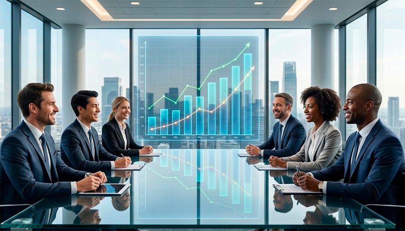 Fotografia profissional de um ambiente corporativo moderno e bem iluminado. Sobre uma mesa de vidro no centro da imagem, projeta-se um gráfico holográfico de linha com tendência ascendente, em tons elegantes de azul e dourado. Ao fundo, levemente desfocadas, silhuetas de executivos analisando projeções de mercado. A composição visual transmite solidez, confiança, resiliência e visão de futuro, refletindo o planejamento financeiro a longo prazo. A imagem não contém nenhum texto escrito, focando inteiramente na representação visual de dados e estabilidade econômica.