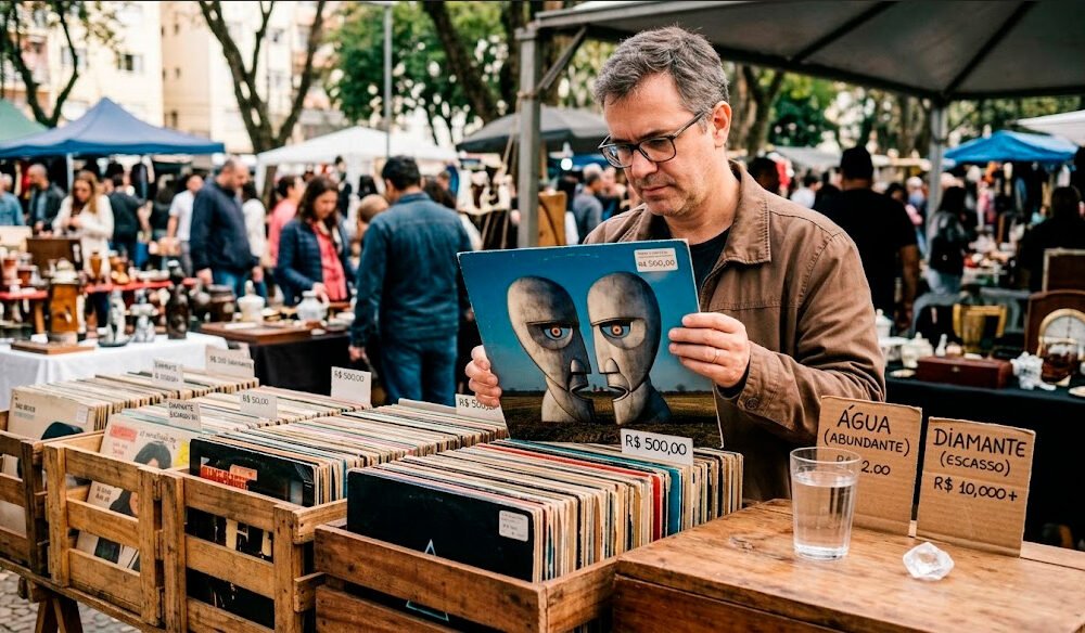 Fotografia com tom nostálgico de uma barraca em uma feira de antiguidades. Em foco principal, as mãos de uma pessoa seguram um disco de vinil antigo. Sobre a mesa rústica da barraca, compondo o cenário, repousam um copo de água e uma pedra brilhante semelhante a um diamante. A imagem cria uma metáfora visual para o paradoxo econômico do valor e da escassez.