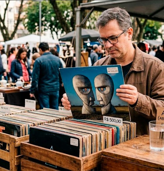 Fotografia com tom nostálgico de uma barraca em uma feira de antiguidades. Em foco principal, as mãos de uma pessoa seguram um disco de vinil antigo. Sobre a mesa rústica da barraca, compondo o cenário, repousam um copo de água e uma pedra brilhante semelhante a um diamante. A imagem cria uma metáfora visual para o paradoxo econômico do valor e da escassez.