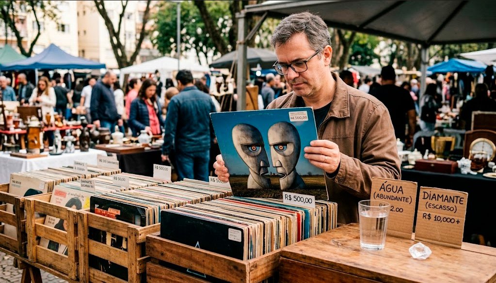 Fotografia com tom nostálgico de uma barraca em uma feira de antiguidades. Em foco principal, as mãos de uma pessoa seguram um disco de vinil antigo. Sobre a mesa rústica da barraca, compondo o cenário, repousam um copo de água e uma pedra brilhante semelhante a um diamante. A imagem cria uma metáfora visual para o paradoxo econômico do valor e da escassez.