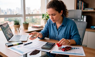Fotografia profissional de uma pessoa com expressão pensativa, analisando planilhas financeiras e uma calculadora sobre uma mesa. Em uma das mãos, segura algumas moedas e, na outra, uma miniatura de casa ou carro. O ambiente claro e iluminado transmite a ideia de reflexão cuidadosa sobre escolhas e estratégias financeiras, ilustrando o dilema entre quitar dívidas ou manter uma reserva de emergência.
