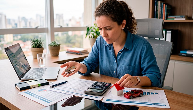 Fotografia profissional de uma pessoa com expressão pensativa, analisando planilhas financeiras e uma calculadora sobre uma mesa. Em uma das mãos, segura algumas moedas e, na outra, uma miniatura de casa ou carro. O ambiente claro e iluminado transmite a ideia de reflexão cuidadosa sobre escolhas e estratégias financeiras, ilustrando o dilema entre quitar dívidas ou manter uma reserva de emergência.